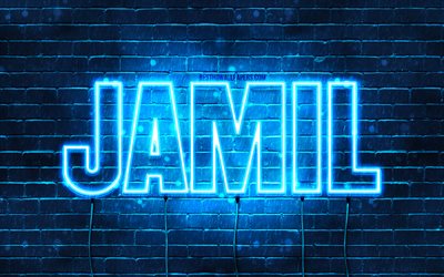 Jamil, 4k, fonds d&#39;&#233;cran avec des noms, nom Jamil, n&#233;ons bleus, joyeux anniversaire Jamil, noms masculins arabes populaires, photo avec nom Jamil