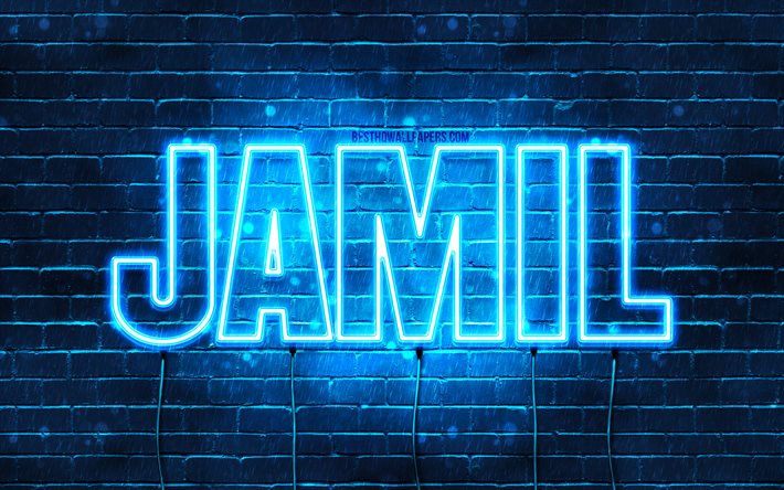 jamil, 4k, hintergrundbilder mit namen, jamil-name, blaue neonlichter, happy birthday jamil, beliebte arabische m&#228;nnliche namen, bild mit jamil-namen