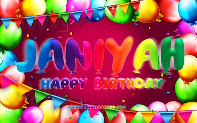 Joyeux anniversaire Janiyah, 4k, cadre de ballon color&#233;, nom de Janiyah, fond violet, joyeux anniversaire de Janiyah, anniversaire de Janiyah, noms f&#233;minins am&#233;ricains populaires, concept d&#39;anniversaire, Janiyah