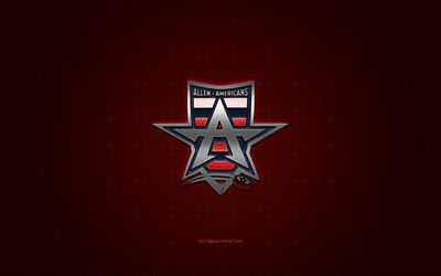 Allen Americans, American hockey club, ECHL, logo blu, sfondo rosso in fibra di carbonio, East Coast Hockey League, hockey, Texas, USA, logo Allen Americans