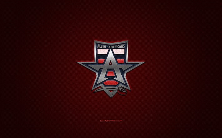 Allen Americans, American hockey club, ECHL, logotipo azul, fundo vermelho de fibra de carbono, East Coast Hockey League, h&#243;quei, Texas, EUA, logotipo da Allen Americans