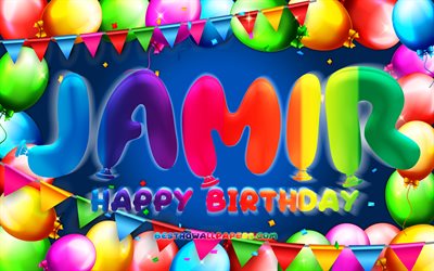 お誕生日おめでとうジャミール, 4k, カラフルなバルーンフレーム, ジャミール名, 青い背景, ジャミールお誕生日おめでとう, ジャミールの誕生日, 人気のあるアメリカ人男性の名前, 誕生日のコンセプト, ジャミール