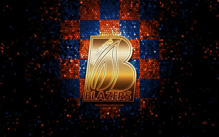 Kamloops Blazers, logotipo com glitter, WHL, fundo azul laranja xadrez, h&#243;quei, time canadense de h&#243;quei, logotipo Kamloops Blazers, arte em mosaico, liga canadense de h&#243;quei