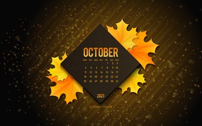 2021 October Calendar, 4k, black lines autumn background, October 2021 Calendar, 2021 concepts, October, autumn background
