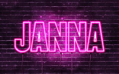Janna, 4k, fonds d&#39;&#233;cran avec des noms, noms f&#233;minins, nom Janna, n&#233;ons violets, joyeux anniversaire Janna, noms f&#233;minins arabes populaires, photo avec nom Janna