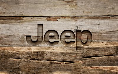 Jeep wooden logo, 4K, wooden backgrounds, cars brands, Jeep logo, creative, wood carving, Jeep