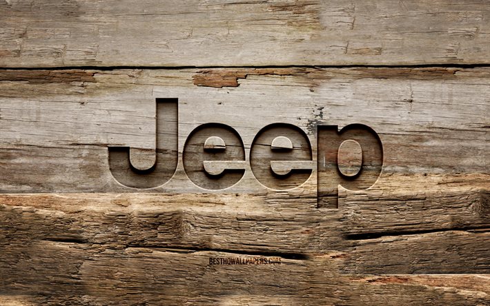Logotipo da Jeep em madeira, 4K, planos de fundo em madeira, marcas de carros, logotipo da Jeep, criativo, escultura em madeira, Jeep
