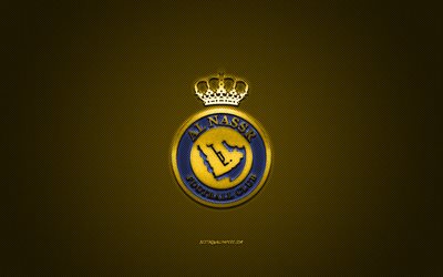 Al Nassr FC, clube de futebol saudita, SPL, logotipo azul, fundo amarelo de fibra de carbono, Liga Profissional Saudita, futebol, Riade, Ar&#225;bia Saudita, logotipo do Al Nassr FC