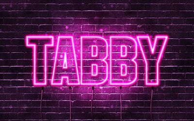 tabby, 4k, hintergrundbilder mit namen, weiblichen namen, tabby-name, lila neonlichter, happy birthday tabby, beliebte arabische weibliche namen, bild mit tabby-namen