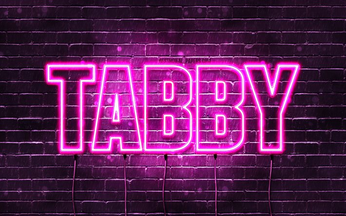 Tabby, 4k, fonds d&#39;&#233;cran avec noms, noms f&#233;minins, nom Tabby, n&#233;ons violets, Joyeux anniversaire Tabby, noms f&#233;minins arabes populaires, image avec nom Tabby