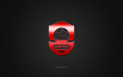 Al Raed FC, clube de futebol saudita, SPL, logotipo vermelho, fundo preto de fibra de carbono, Liga Profissional Saudita, futebol, Buraidah, Ar&#225;bia Saudita, logotipo do Al Raed FC
