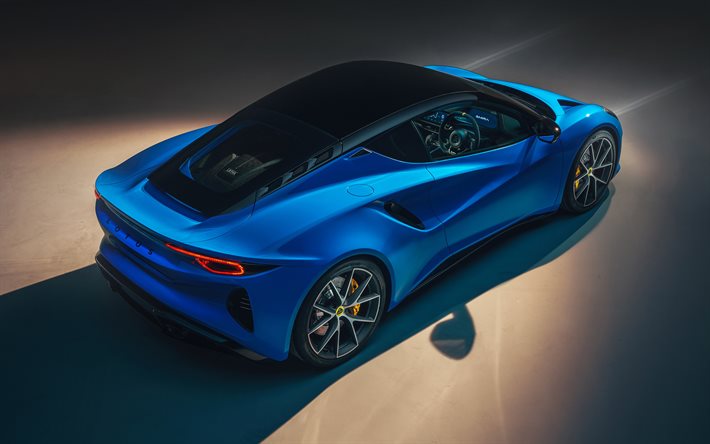 2023, Lotus Emira, exterior, vista traseira, cup&#234; esportivo azul, novo Emira azul, carros esportivos brit&#226;nicos, Lotus