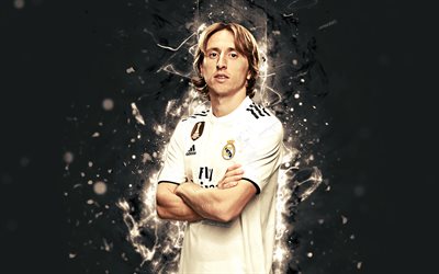 Luka Modric, 4k, s&#228;song 2018-2019, fotbollsspelare, neon lights, Real Madrid, Modric, fotboll, fan art, Ligan, Galacticos