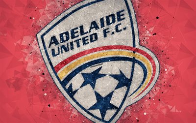 Adelaide United FC, 4k, logo, geometrik sanat, Avustralyalı Futbol Kul&#252;b&#252;, kırmızı arka plan, -Lig, Adelaide, Avustralya, Bir futbol
