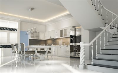 modern stylish kitchen design, project, white interior, kitchen, dining room, stylish design of the staircase, white staircase