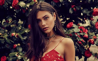 4k, Vika Bronova, 2018, punainen mekko, muoti malleja, photomodels, ruskeaverikk&#246;, kauneus