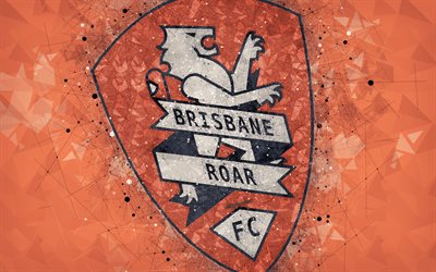 Brisbane Roar FC, 4k, logotyp, geometriska art, Australian football club, orange bakgrund, A-League, Brisbane, Australien, fotboll