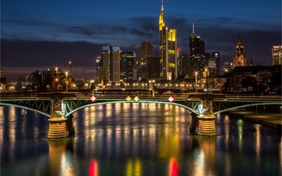 Frankfurt, Steg, puente, noche, paisaje urbano, panorama de la ciudad, Alemania