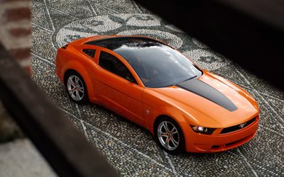 Ford Mustang Giugiaro, exterior, orange sports coupe, concept, front view, orange Mustang, Ford