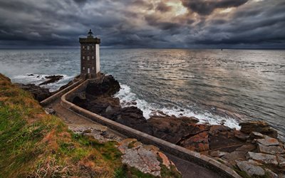 Atlantic Ocean, old lighthouse, sunset, coast, Brittany, France