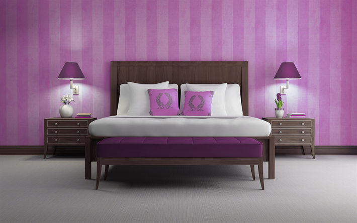 elegante camera da letto matrimoniale di design, progetto, stile classico, rosa camera da letto, mobili in legno scuro, interni eleganti, camera da letto