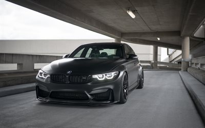 BMW M3, F80, front view, parking, tuning M3, sports sedan, black matte M3, German cars