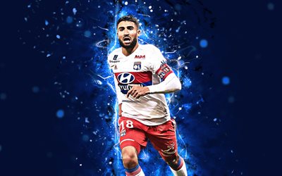 Nabil Fekir, 4k, arte astratta, stelle del calcio, Olympique Lione, Ligue 1, Fekir, calciatori, luci al neon, il calcio, l&#39;Olympique Lione FC