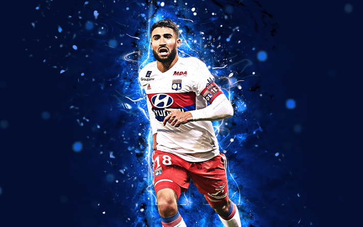 Nabil Fekir, 4k, a arte abstrata, estrelas do futebol, O Olympique De Lyon, Liga 1, Fekir, jogadores de futebol, luzes de neon, futebol, O Olympique de Lyon FC