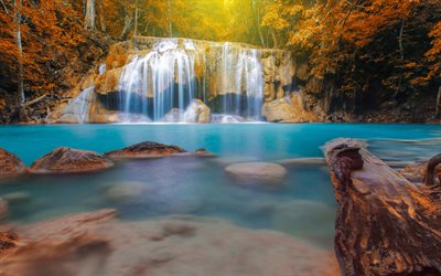 waterfall, autumn, Thailand, forest lake, jungle, beautiful autumn landscape