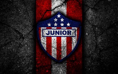 Deportivo Popular Junior FC, 4k, logo, Colombian football club, black stone, Categoria Primera A, Deportivo Popular Junior, Colombia, football, Liga Aguila, asphalt texture, FC Deportivo Popular Junior