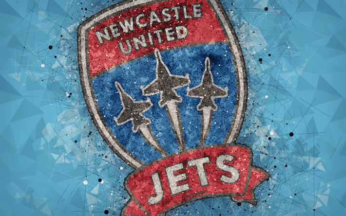 نيوكاسل جيتس FC, 4k, شعار, الهندسية الفنية, الأسترالي لكرة القدم, خلفية زرقاء, الدوري, نيوكاسل, أستراليا, كرة القدم