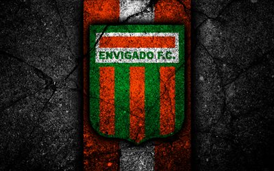 Envigado FC, 4k, logo, Colombian football club, black stone, Categoria Primera A, Envigado, Colombia, football, Liga Aguila, asphalt texture, FC Envigado