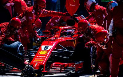 Ferrari SF71H, Sebastian Vettel, Formula 1, pit stop, change of wheels, F1, German racer, team of mechanics, Ferrari