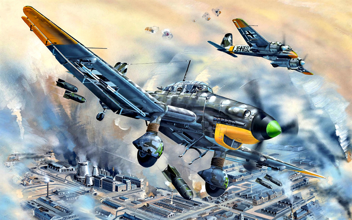 Ju-87 D-5, Dive bomber, Stuka, Henschel Hs 129, Saksan pommikoneet, World War II, art, World of Warplanes, SC250 pommi