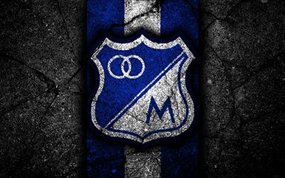 Millonarios FC, 4k, logo, Colombian football club, black stone, Categoria Primera A, Millonarios, Colombia, football, Liga Aguila, asphalt texture, FC Millonarios