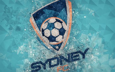 Sydney FC, 4k, logotyp, geometriska art, Australian football club, bl&#229; bakgrund, A-League, Sydney, Australien, fotboll