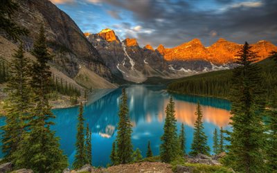 4k, Moraine Lake, sunset, Banff, forest, mountains, North America, Banff National Park, Canada, Alberta