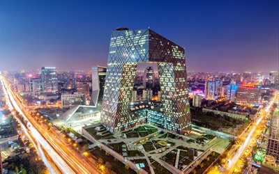 Sede de la CCTV, 4k, paisajes nocturnos, edificios modernos, Beijing, Asia, China
