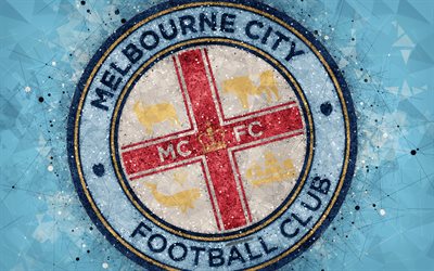 Melbourne City FC, 4k, logotyp, geometriska art, Australian football club, bl&#229; bakgrund, A-League, Melbourne, Australien, fotboll