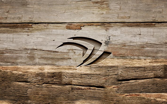 Nvidia logo di legno, 4 K, sfondi di legno, marche, Nvidia logo, creativo, scultura in legno, Nvidia