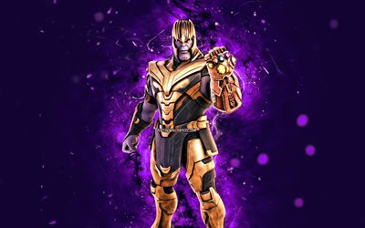 Thanos, 4k, violetit neonvalot, Fortnite Battle Royale, Fortnite -hahmot, Thanos Skin, Fortnite, Thanos Fortnite