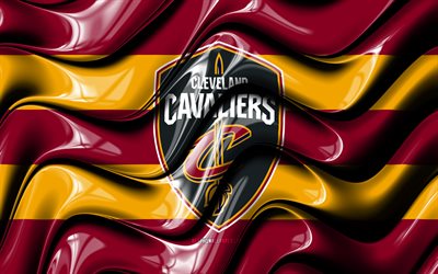 Cleveland Cavaliers flagga, 4k, lila och gula 3D -v&#229;gor, NBA, amerikanskt basketlag, Cleveland Cavaliers -logotyp, CAVS -logotyp, basket, Cleveland Cavaliers, CAVS