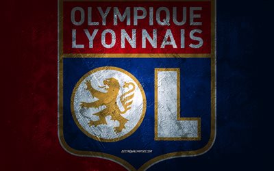 Olimpik Lyon, Fransız futbol takımı, kırmızı, mavi arka plan, Olimpik Lyon logosu, grunge sanat, 1 İzle, Fransa, futbol, Olimpik Lyon amblemi