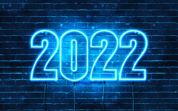 2022 blue neon digits, 4k, Happy New Year 2022, blue brickwall, horizontal text, 2022 concepts, wires, 2022 new year, 2022 on blue background, 2022 year digits
