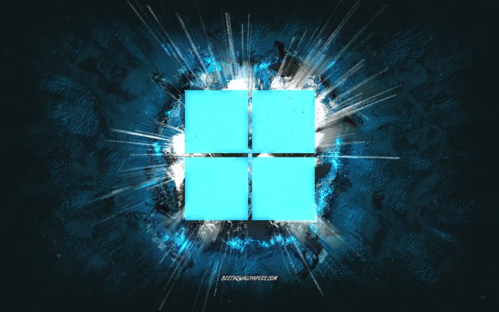 windows 11-logo, grunge-kunst, windows, blauer steinhintergrund, windows 11 blaues logo, windows 11, kreative kunst, windows 11-grunge-logo, windows-logo