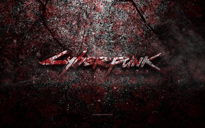 Logotipo do Cyberpunk 2077, arte do grunge, logotipo da pedra do Cyberpunk 2077, textura da pedra vermelha, Cyberpunk 2077, textura da pedra do grunge, emblema do Cyberpunk 2077, logotipo do Cyberpunk 2077 3D