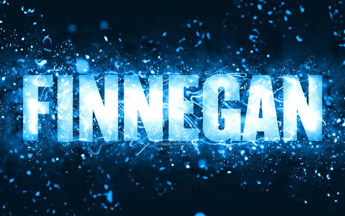 Happy Birthday Finnegan, 4k, blue neon lights, Finnegan name, creative, Finnegan Happy Birthday, Finnegan Birthday, popular american male names, picture with Finnegan name, Finnegan