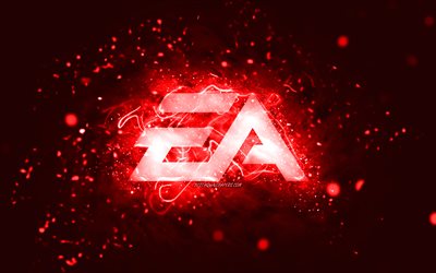 EA GAMES kırmızı logo, 4k, Electronic Arts, kırmızı neon ışıklar, yaratıcı, kırmızı soyut arka plan, EA GAMES logosu, &#231;evrimi&#231;i oyunlar, EA GAMES