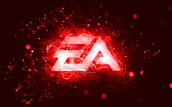 EA GAMES red logo, 4k, Electronic Arts, red neon lights, creative, red abstract background, EA GAMES logo, online games, EA GAMES