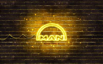 Logo MAN giallo, 4k, muro di mattoni giallo, logo MAN, marchi, logo MAN neon, MAN